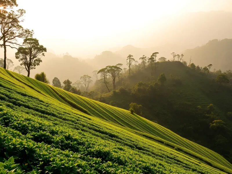 Tea and cardamom estate hillside in Bison Valley near Munnar with shade trees and misty Western Ghats ridges behind in early morning sun