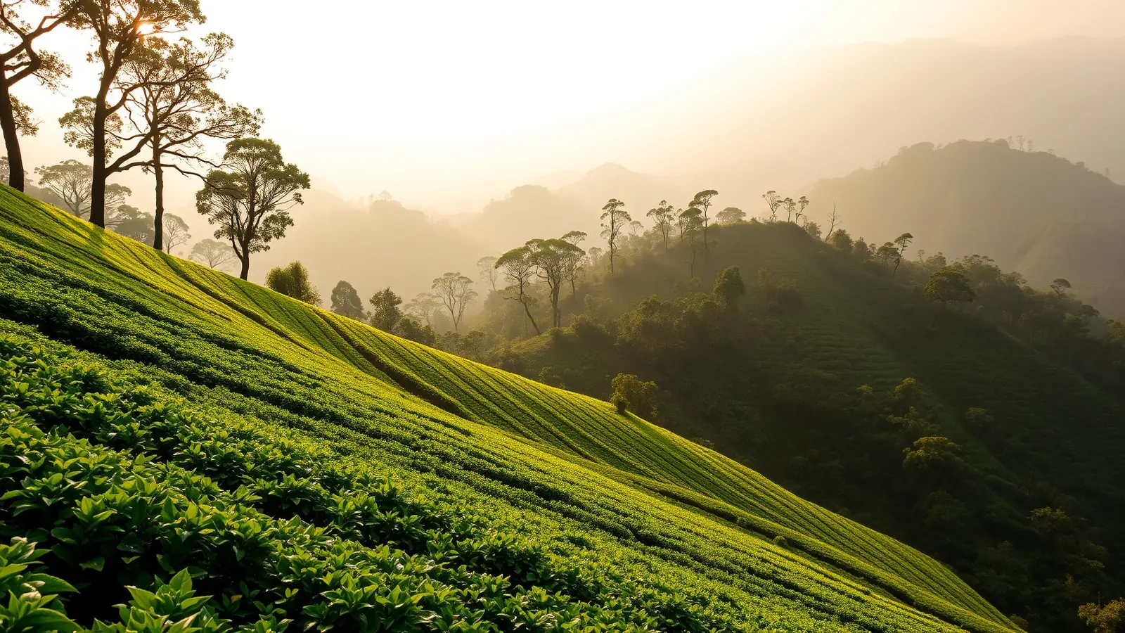 Tea and cardamom estate hillside in Bison Valley near Munnar with shade trees and misty Western Ghats ridges behind in early morning sun