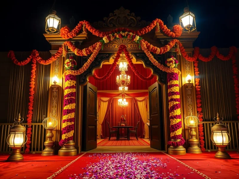 A decorated wedding entrance with a golden toran above the door, marigold garlands and brass lamps at night