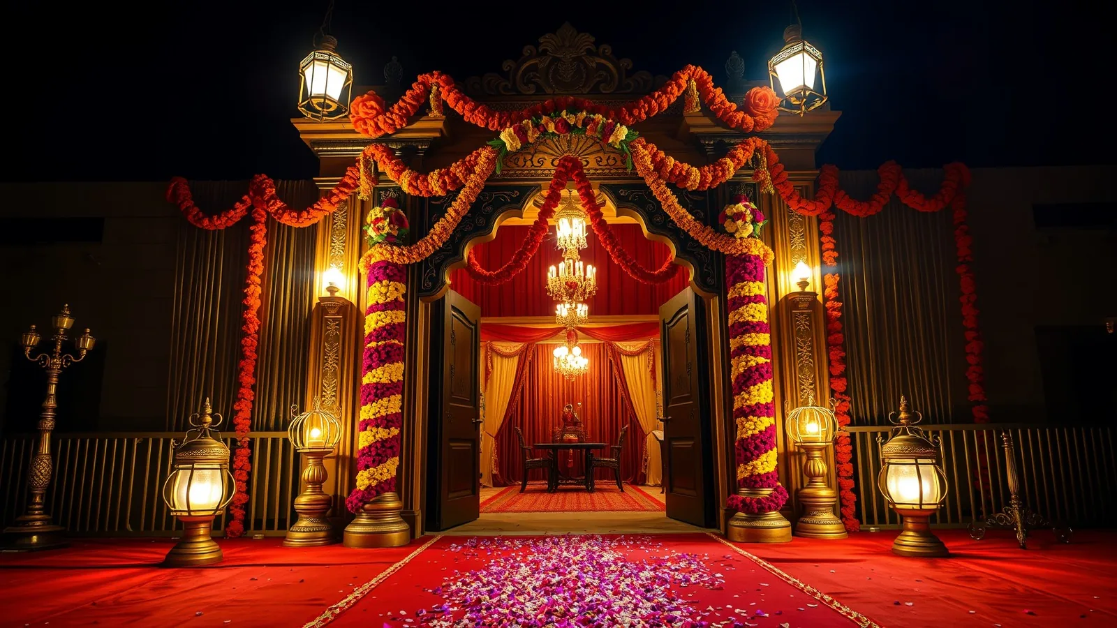 A decorated wedding entrance with a golden toran above the door, marigold garlands and brass lamps at night
