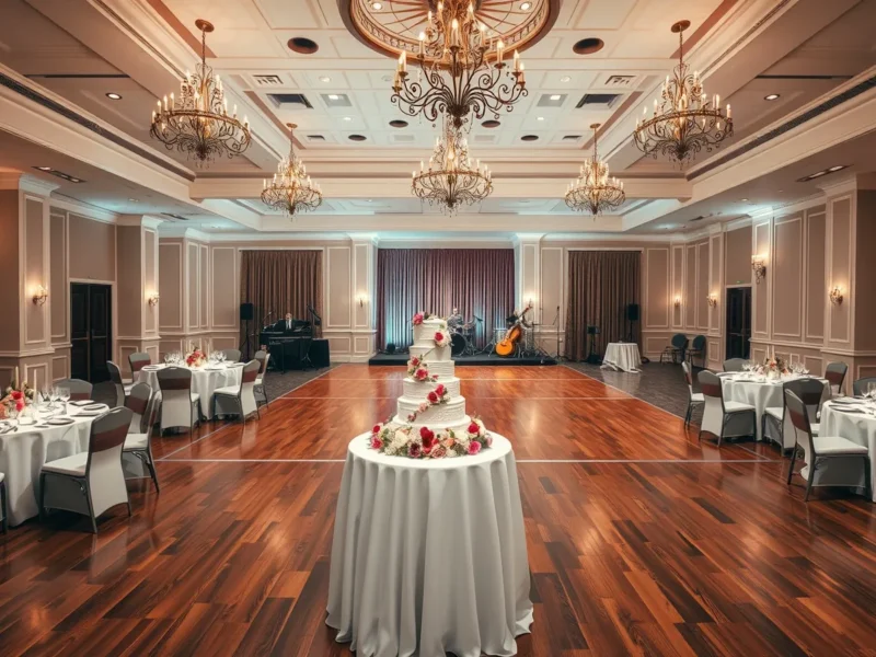 A reception hall set for an Anglo-Indian wedding ball with a tiered white wedding cake and a dance floor