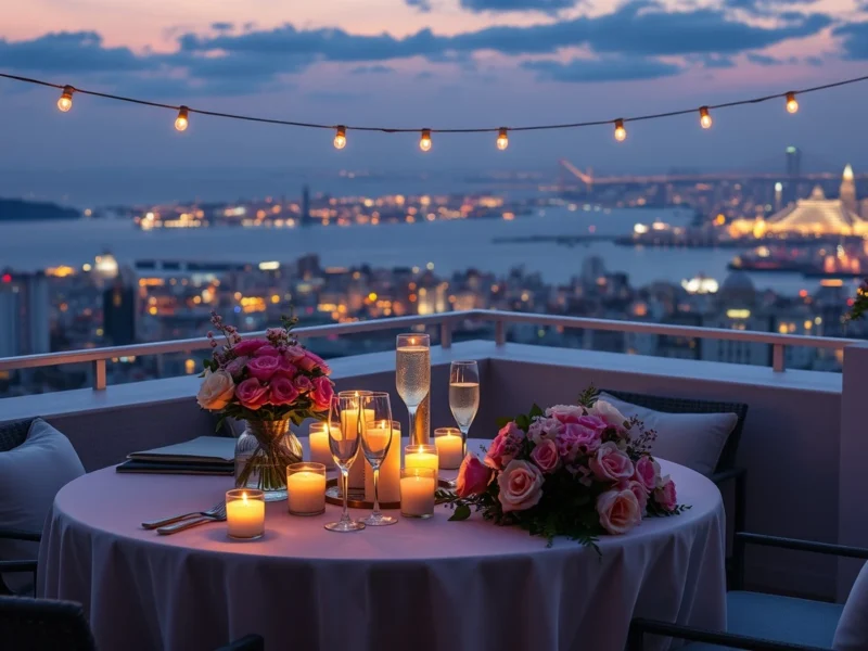 A rooftop table set for a celebration with flowers, candles and string lights above a city skyline at dusk