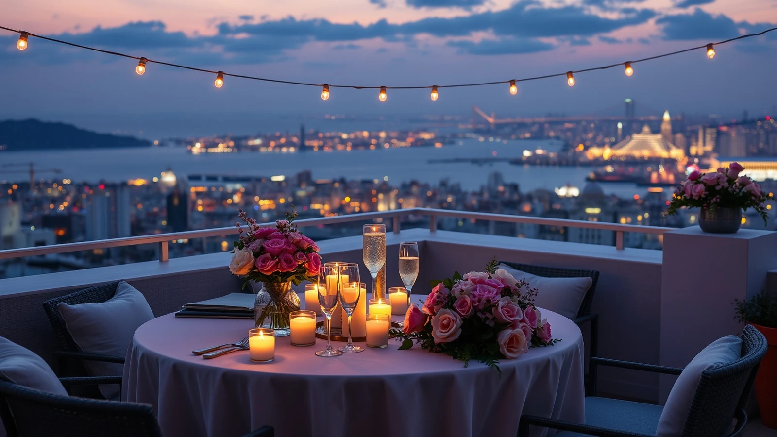 A rooftop table set for a celebration with flowers, candles and string lights above a city skyline at dusk