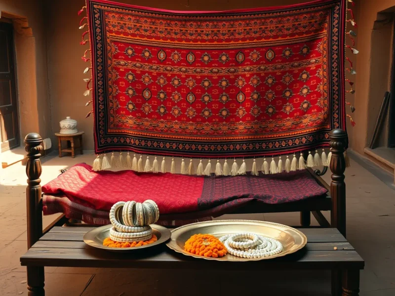 Banjara embroidered textile and heavy bangles with silver on a brass plate in a Deccan courtyard