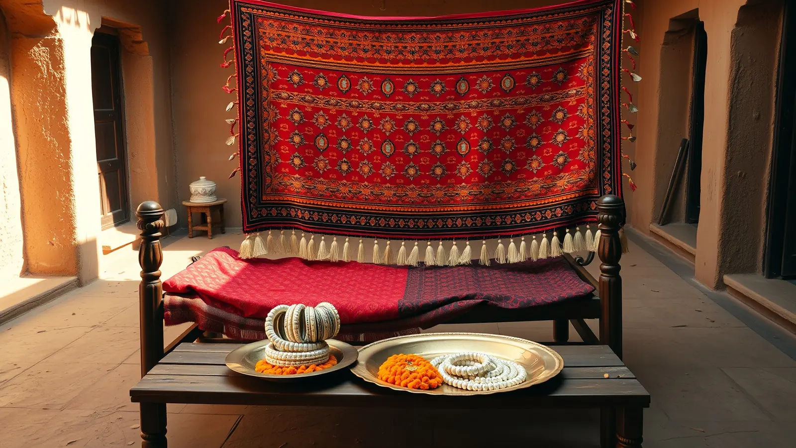 Banjara embroidered textile and heavy bangles with silver on a brass plate in a Deccan courtyard