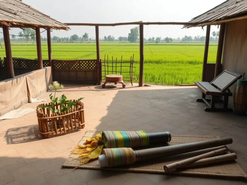 A Bodo courtyard with a sijou plant altar, a handloom with woven cloth, a kham drum and a sifung flute
