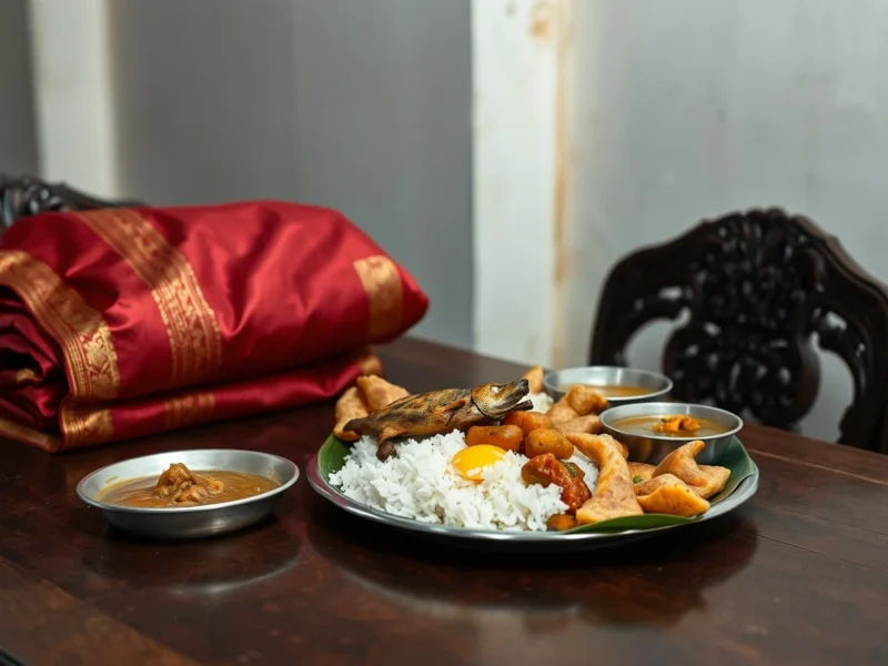 A Bengali feast of rice, fish and sweets beside a folded red Benarasi saree for bou bhaat