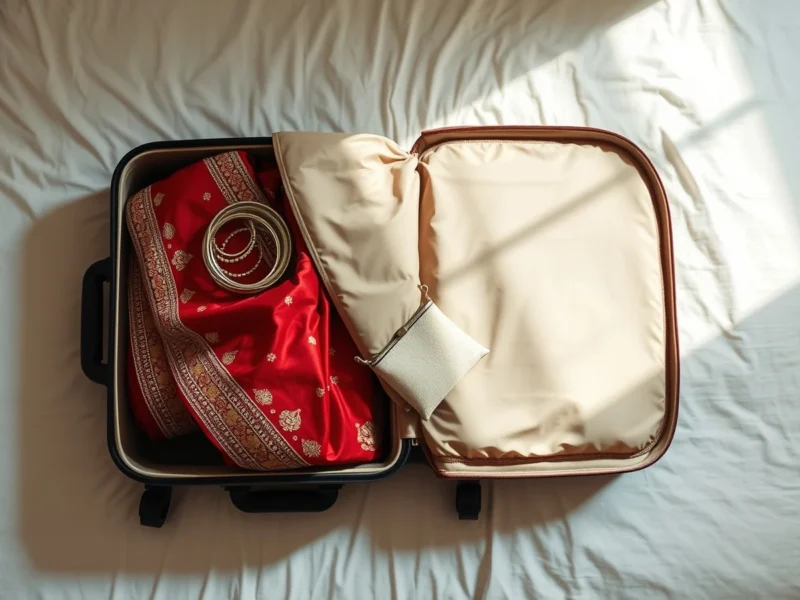 An open suitcase packed with a red bridal outfit and bangles, for the bride packing list