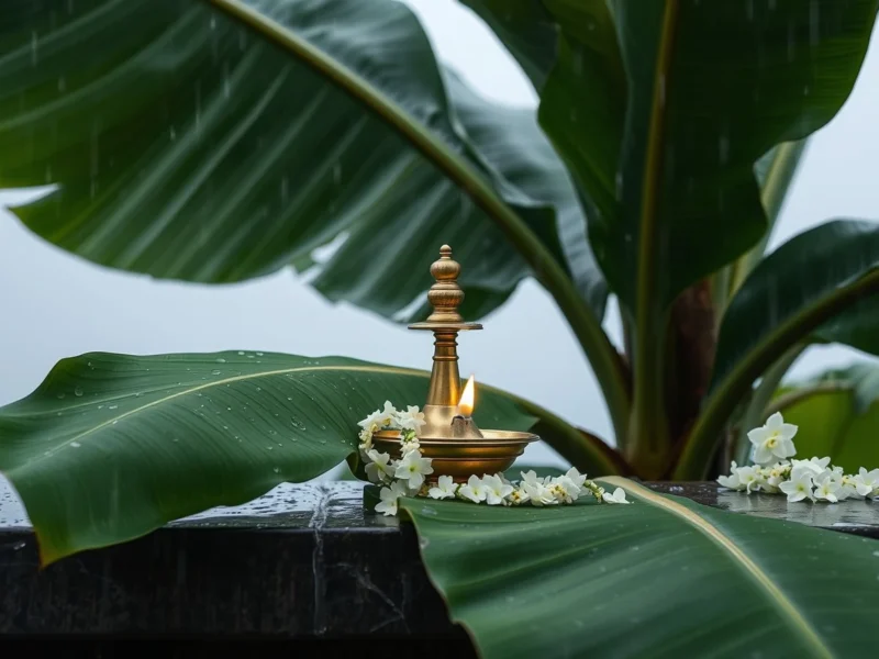 Rain on banana leaves beside a brass lamp and jasmine, for the Chaturmas 2027 guide