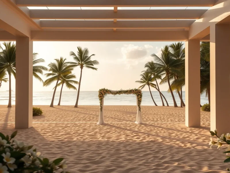 A resort colonnade framing a palm-lined beach with a white floral wedding canopy on the sand