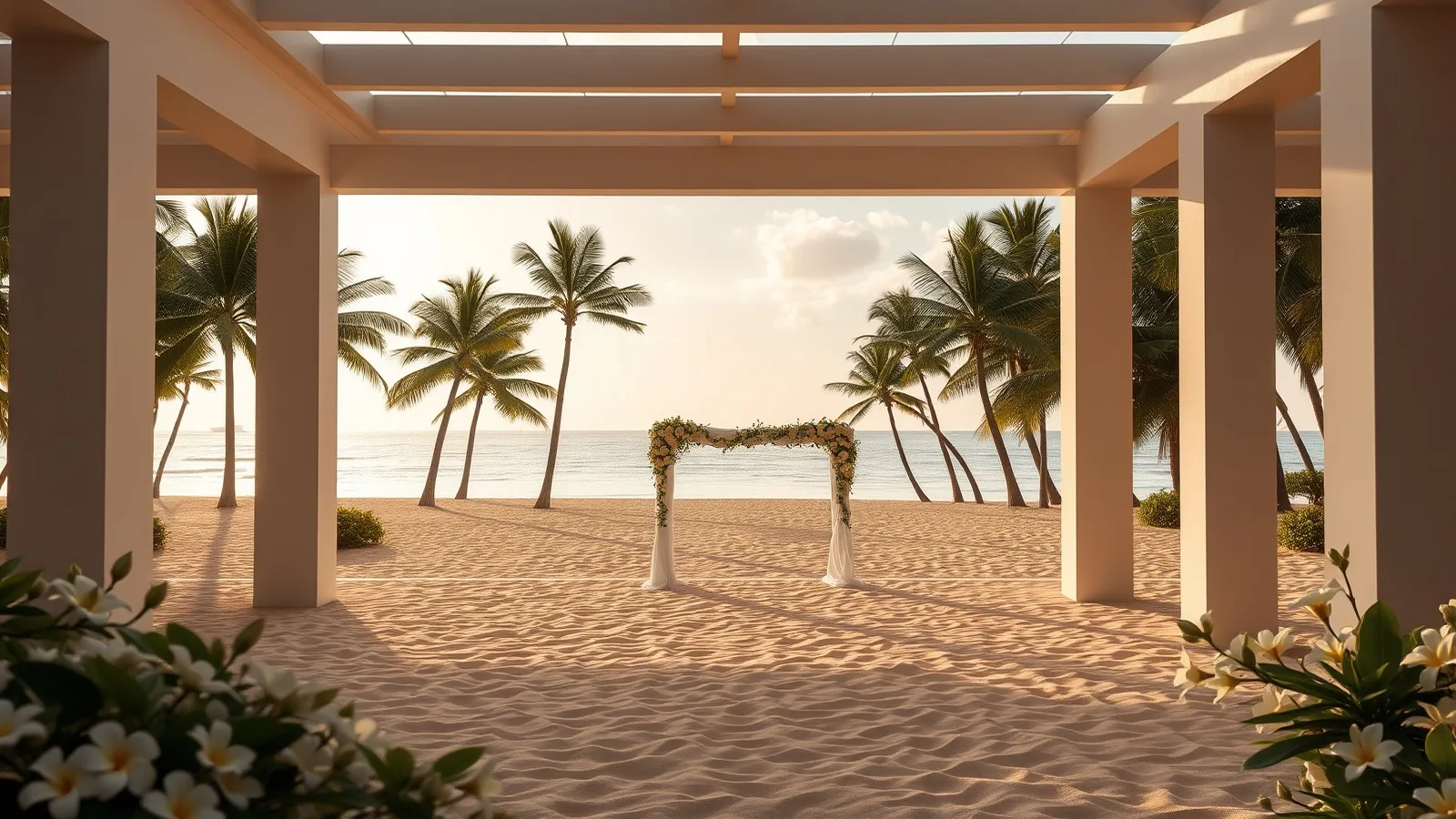 A resort colonnade framing a palm-lined beach with a white floral wedding canopy on the sand