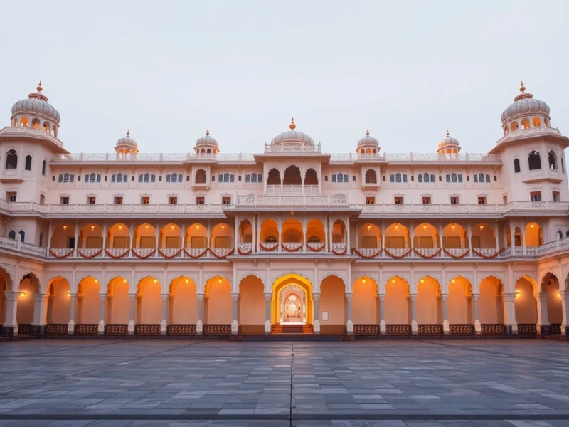 A cream palace facade in Udaipur with arched balconies and domed windows lit in warm lamplight above an empty stone courtyard at dusk, marigold garlands along the arches