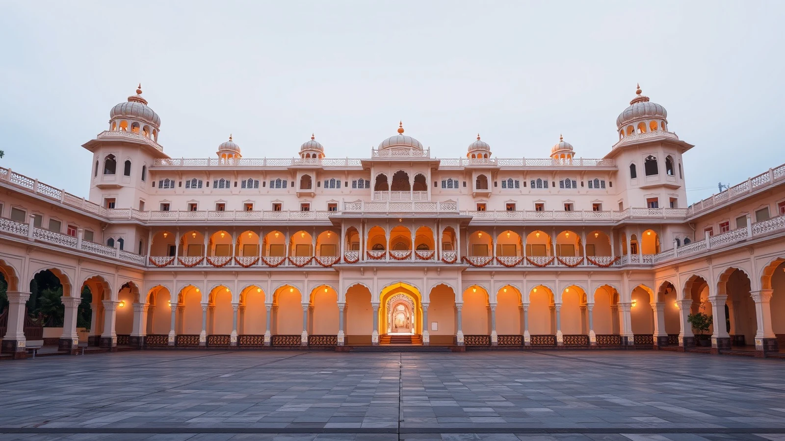 A cream palace facade in Udaipur with arched balconies and domed windows lit in warm lamplight above an empty stone courtyard at dusk, marigold garlands along the arches
