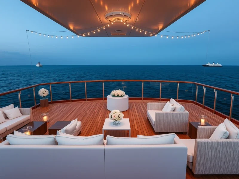 The upper deck of a cruise ship at dusk set for a cocktail evening with white flowers and string lights
