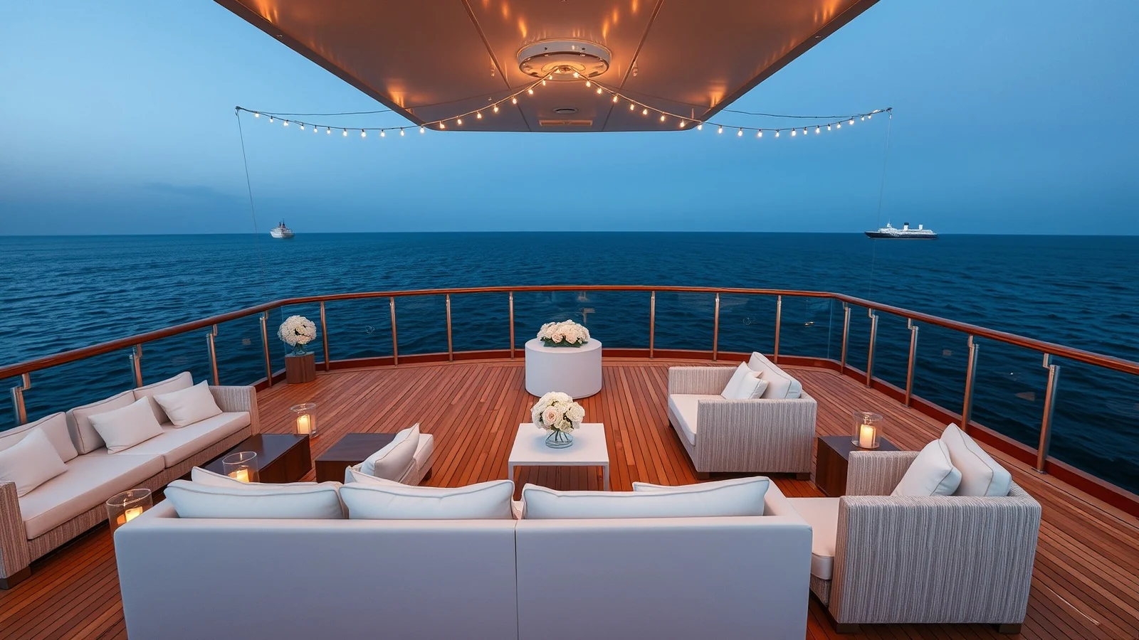 The upper deck of a cruise ship at dusk set for a cocktail evening with white flowers and string lights