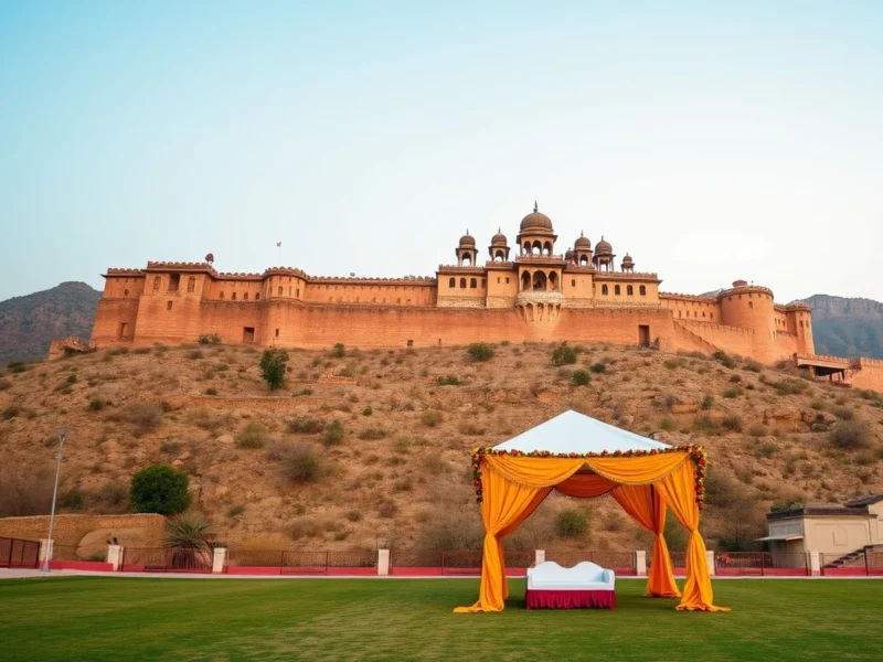 A sandstone Rajasthan fort palace on a low hill above an empty wedding lawn with a marigold decorated mandap in golden hour light