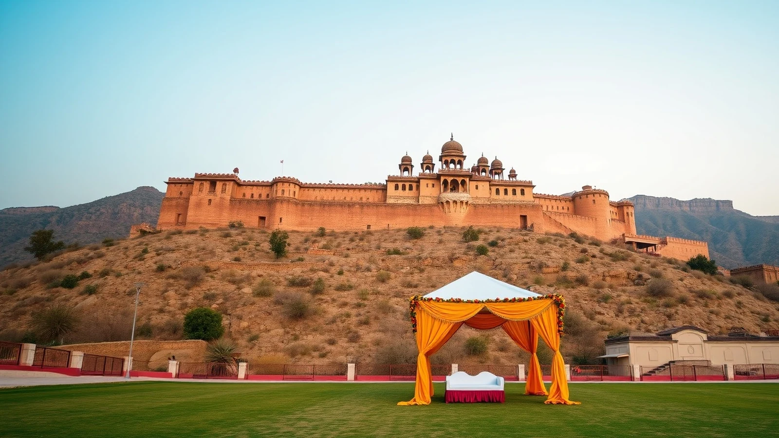 A sandstone Rajasthan fort palace on a low hill above an empty wedding lawn with a marigold decorated mandap in golden hour light