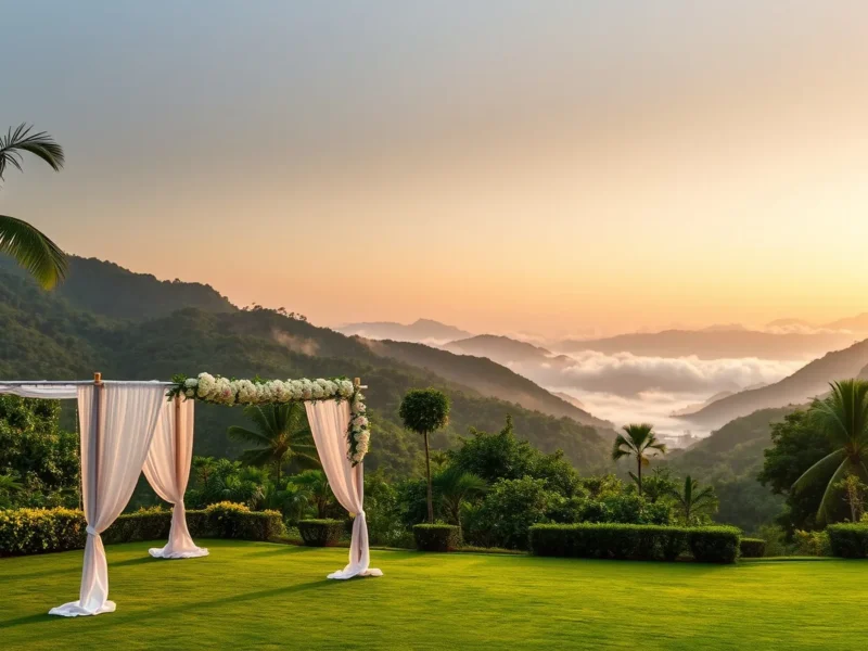 A white flower draped wedding canopy on a resort lawn overlooking green Sahyadri hills and a misty valley at golden hour