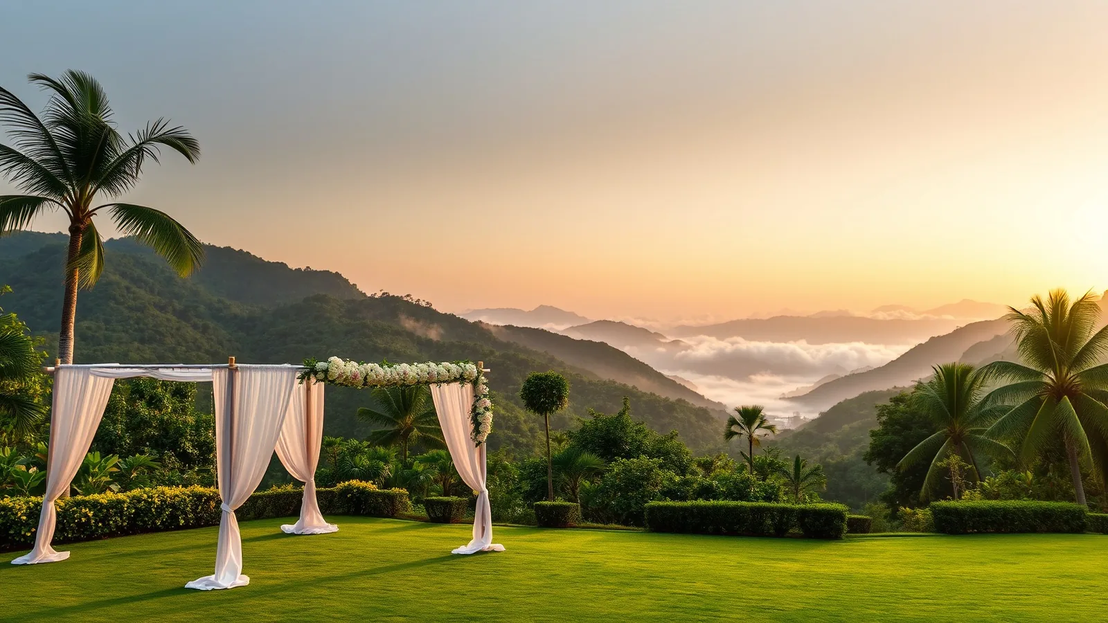 A white flower draped wedding canopy on a resort lawn overlooking green Sahyadri hills and a misty valley at golden hour