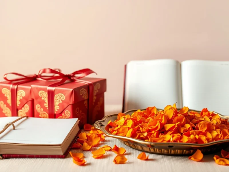 Wrapped wedding gifts beside marigold petals and an open register, for the Dowry Prohibition Act and wedding gifts guide