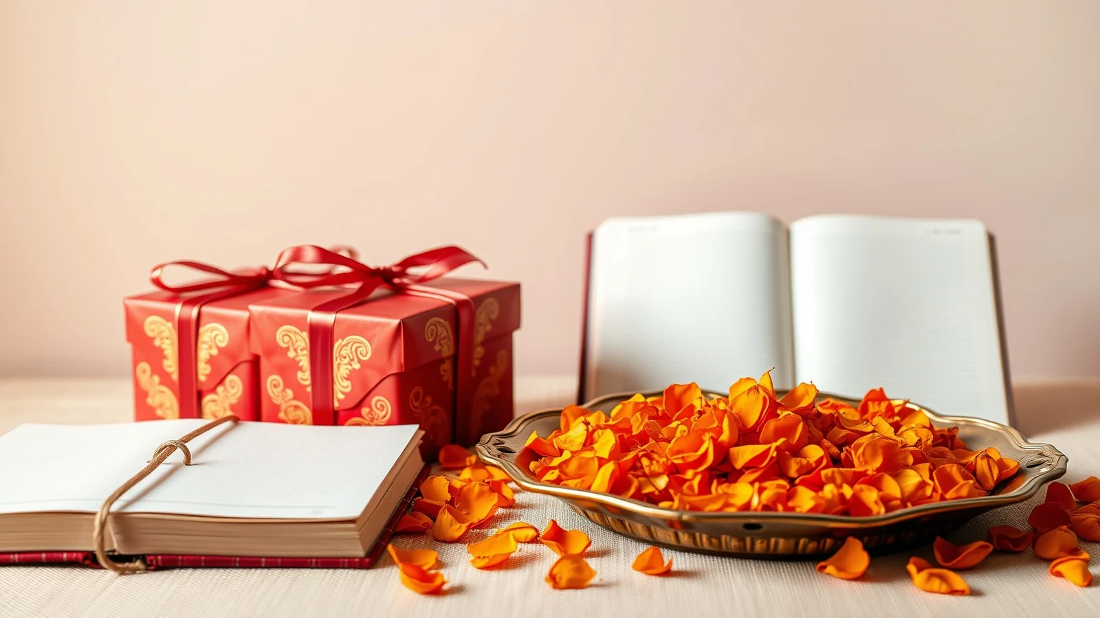 Wrapped wedding gifts beside marigold petals and an open register, for the Dowry Prohibition Act and wedding gifts guide