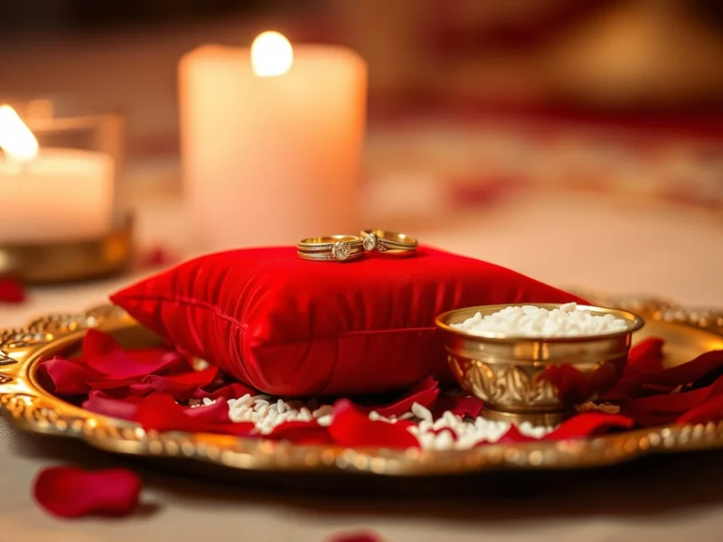 Two gold engagement rings on a red silk cushion on a brass plate with rose petals