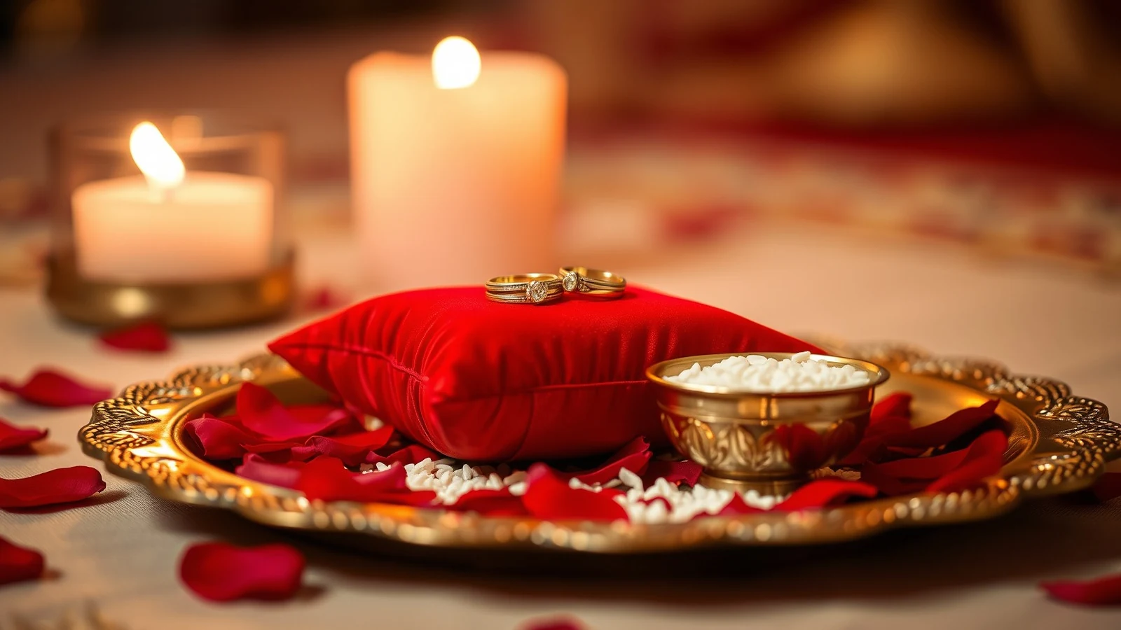 Two gold engagement rings on a red silk cushion on a brass plate with rose petals