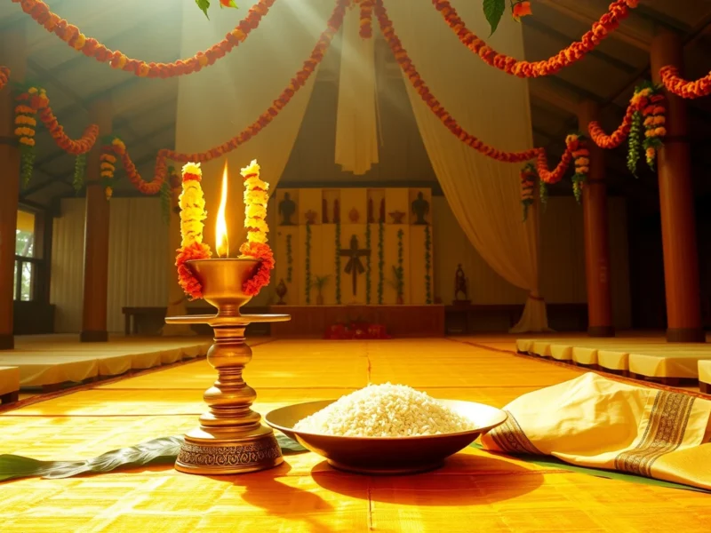 A Kerala wedding mandapam with a lit brass nilavilakku, rice and a cream and gold mundu, decorated with jasmine