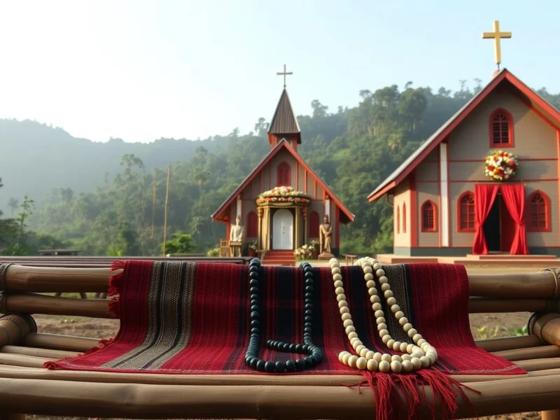 A woven Garo textile and beaded necklaces on a bamboo bench before a hill church decorated for a wedding