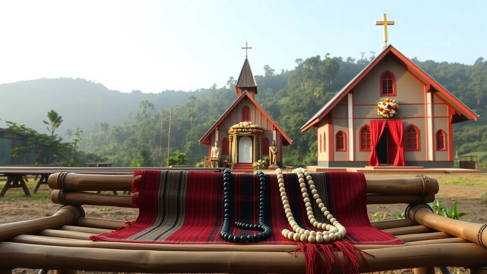 A woven Garo textile and beaded necklaces on a bamboo bench before a hill church decorated for a wedding
