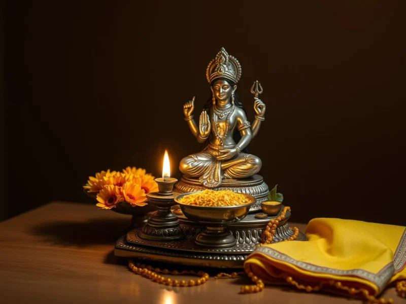A silver idol of the goddess with a lit lamp, turmeric rice and a yellow silk saree for a bride's gauri puja