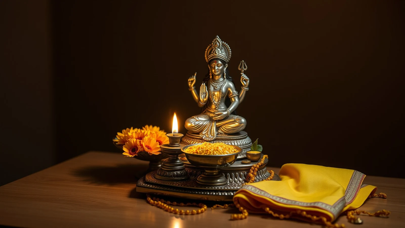 A silver idol of the goddess with a lit lamp, turmeric rice and a yellow silk saree for a bride's gauri puja