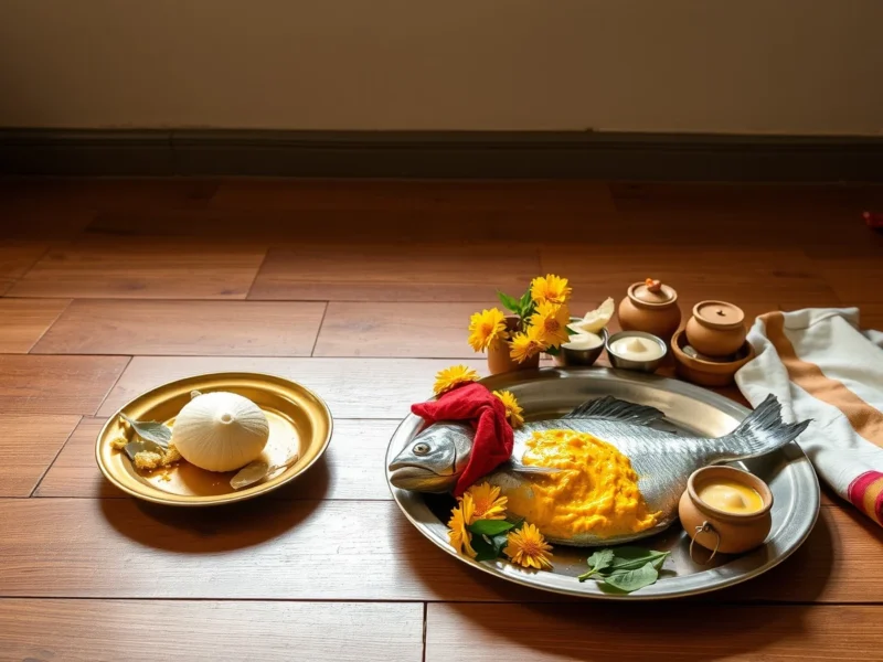Turmeric paste, a conch shell and a decorated fish on a tray for a Bengali gaye holud