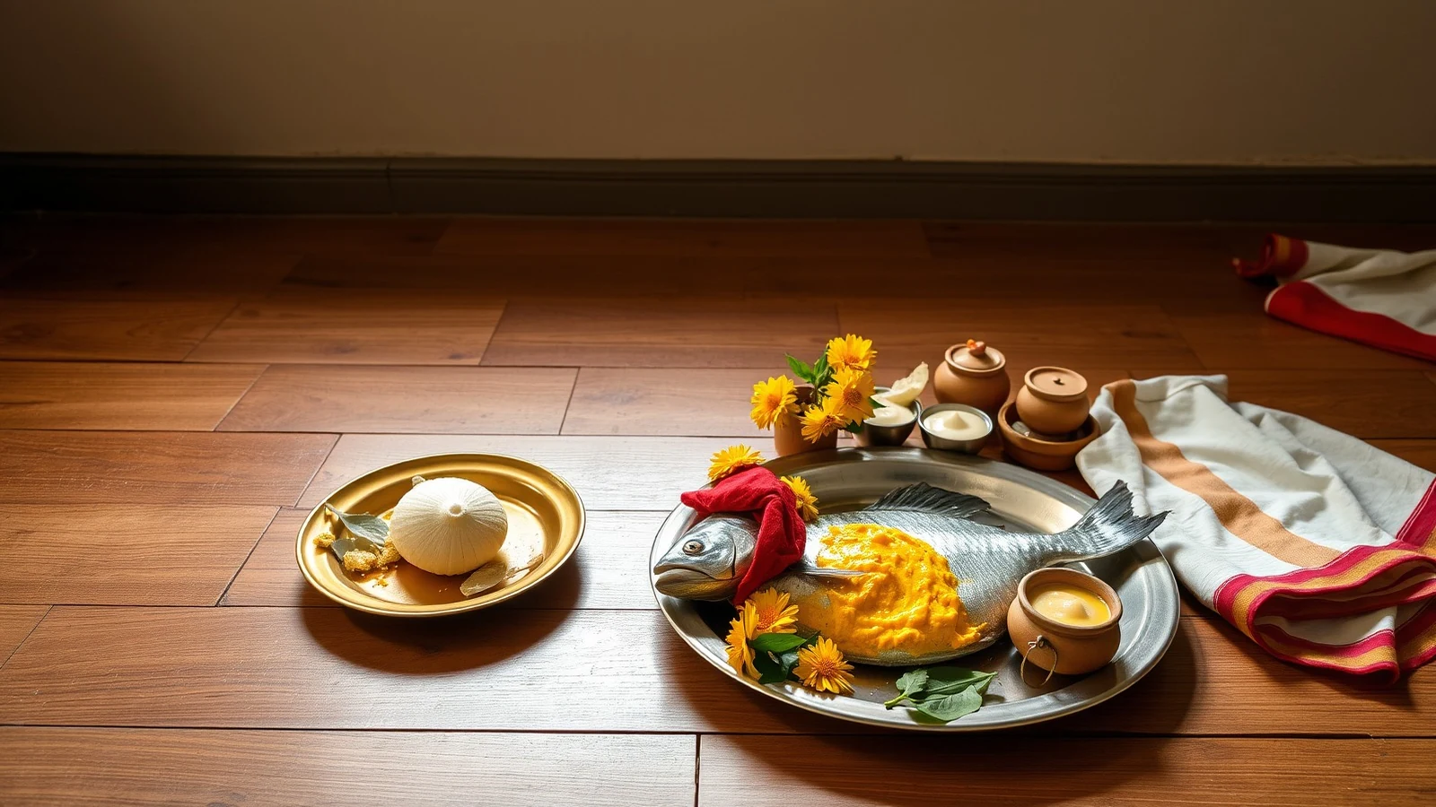 Turmeric paste, a conch shell and a decorated fish on a tray for a Bengali gaye holud