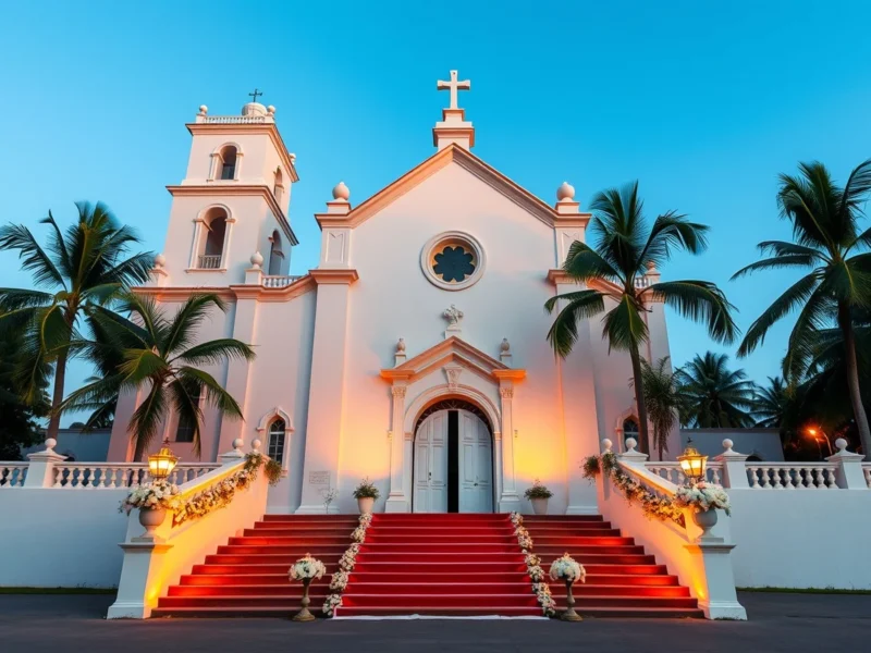 A whitewashed baroque church in Goa decorated with white flowers for a Catholic wedding