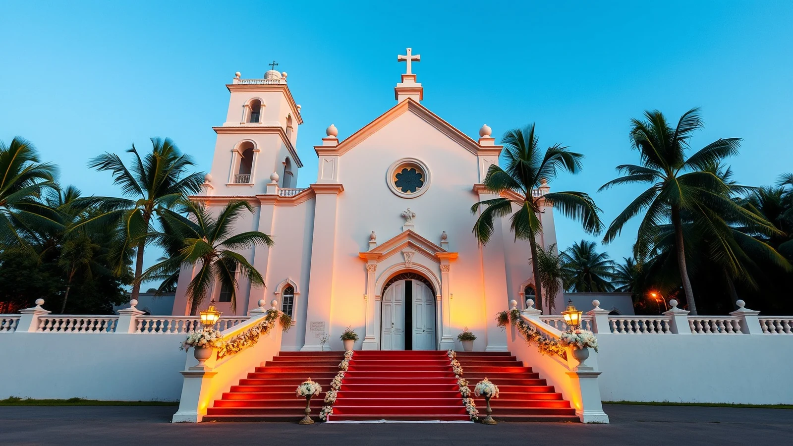 A whitewashed baroque church in Goa decorated with white flowers for a Catholic wedding