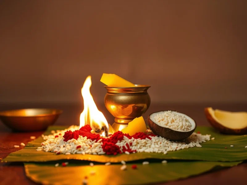 A havan fire with a brass kalash, coconut and rice on a banana leaf, for the gotra in Hindu marriage guide