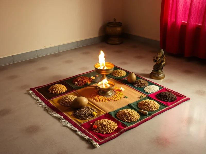A navagraha puja setup with nine heaps of grain on coloured cloths, a lamp and a small Ganesha idol