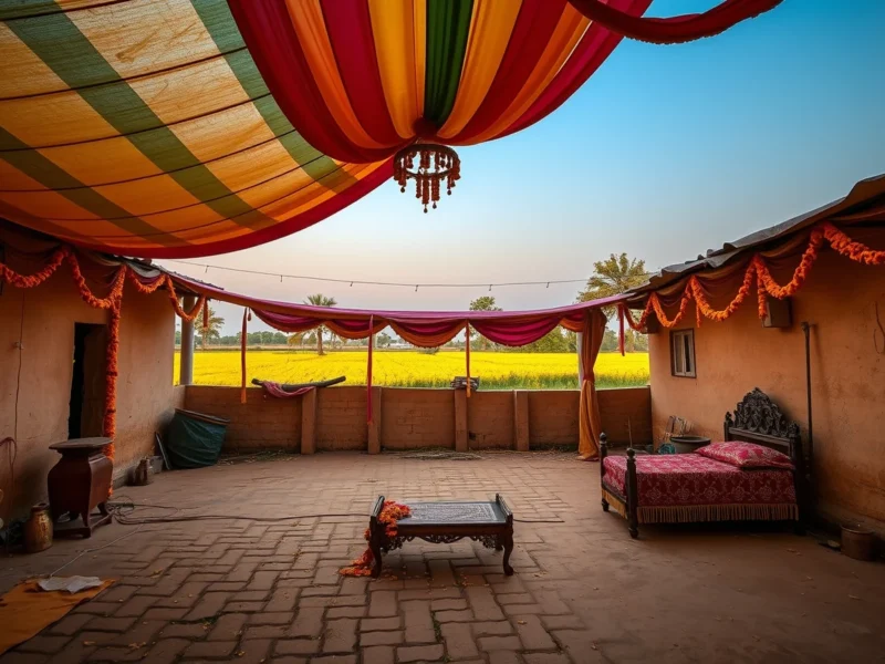 A Haryana village courtyard decorated for a wedding with a colourful tent canopy, marigolds and mustard fields beyond