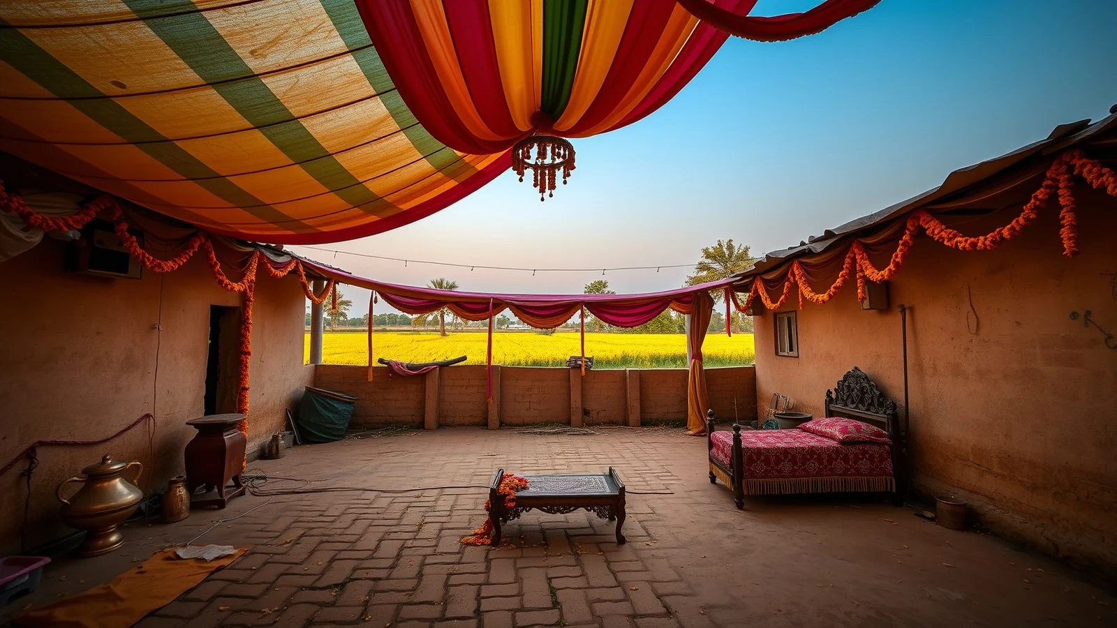 A Haryana village courtyard decorated for a wedding with a colourful tent canopy, marigolds and mustard fields beyond