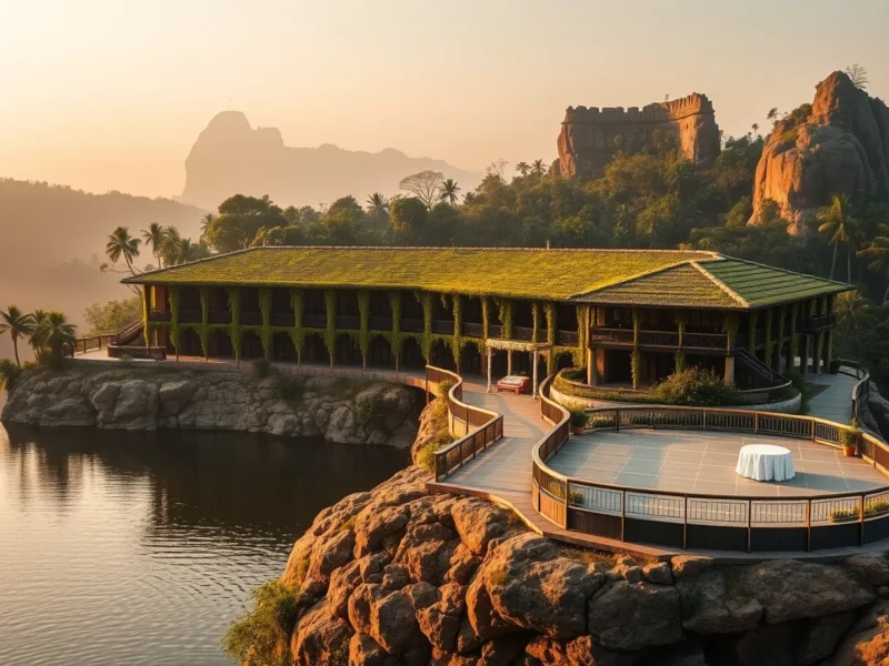 A creeper-covered hotel above a jungle reservoir with a small flower-decorated wedding mandap on the terrace