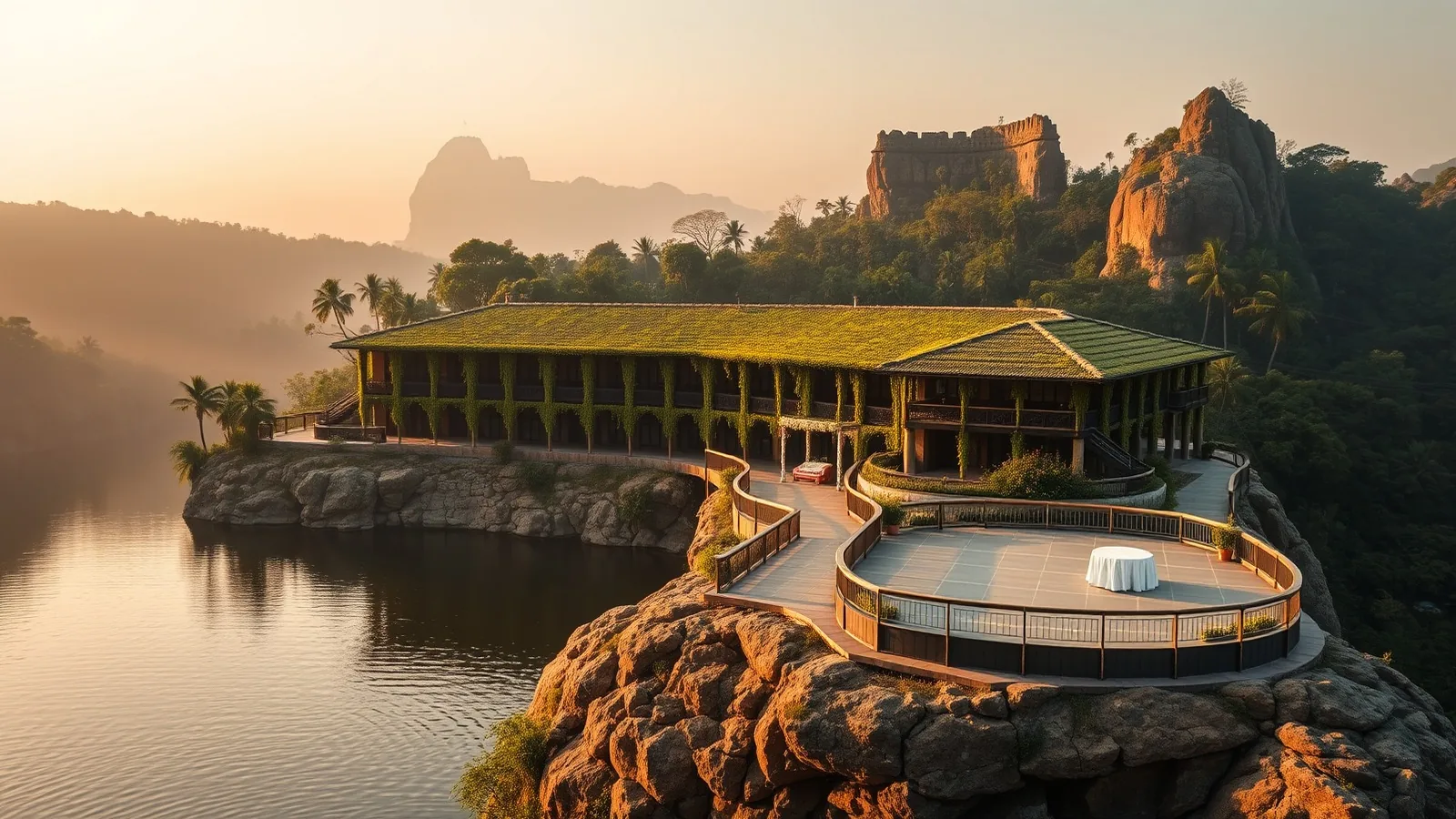 A creeper-covered hotel above a jungle reservoir with a small flower-decorated wedding mandap on the terrace