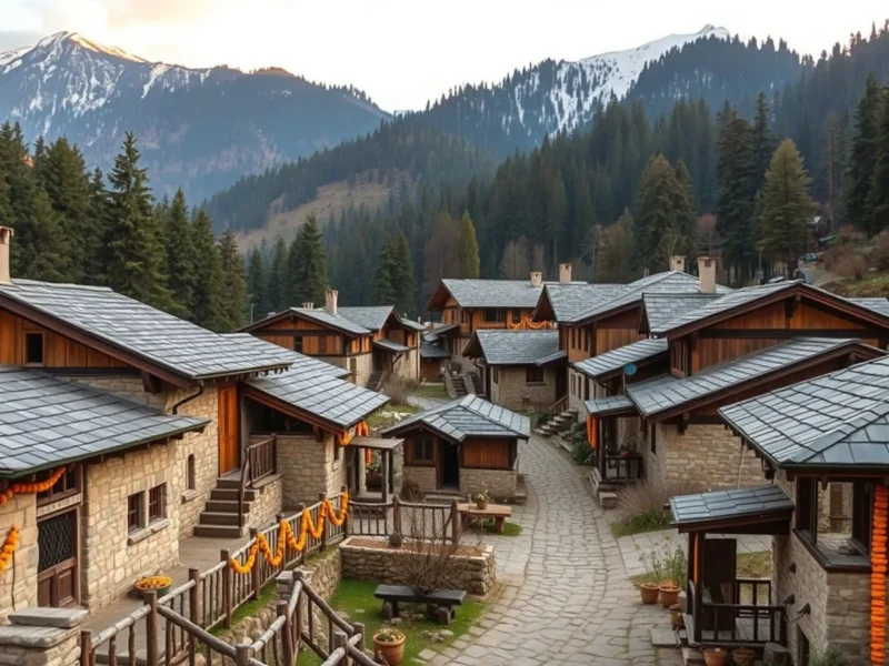 A Himachali mountain village of stone and wood houses decorated with marigolds for a wedding