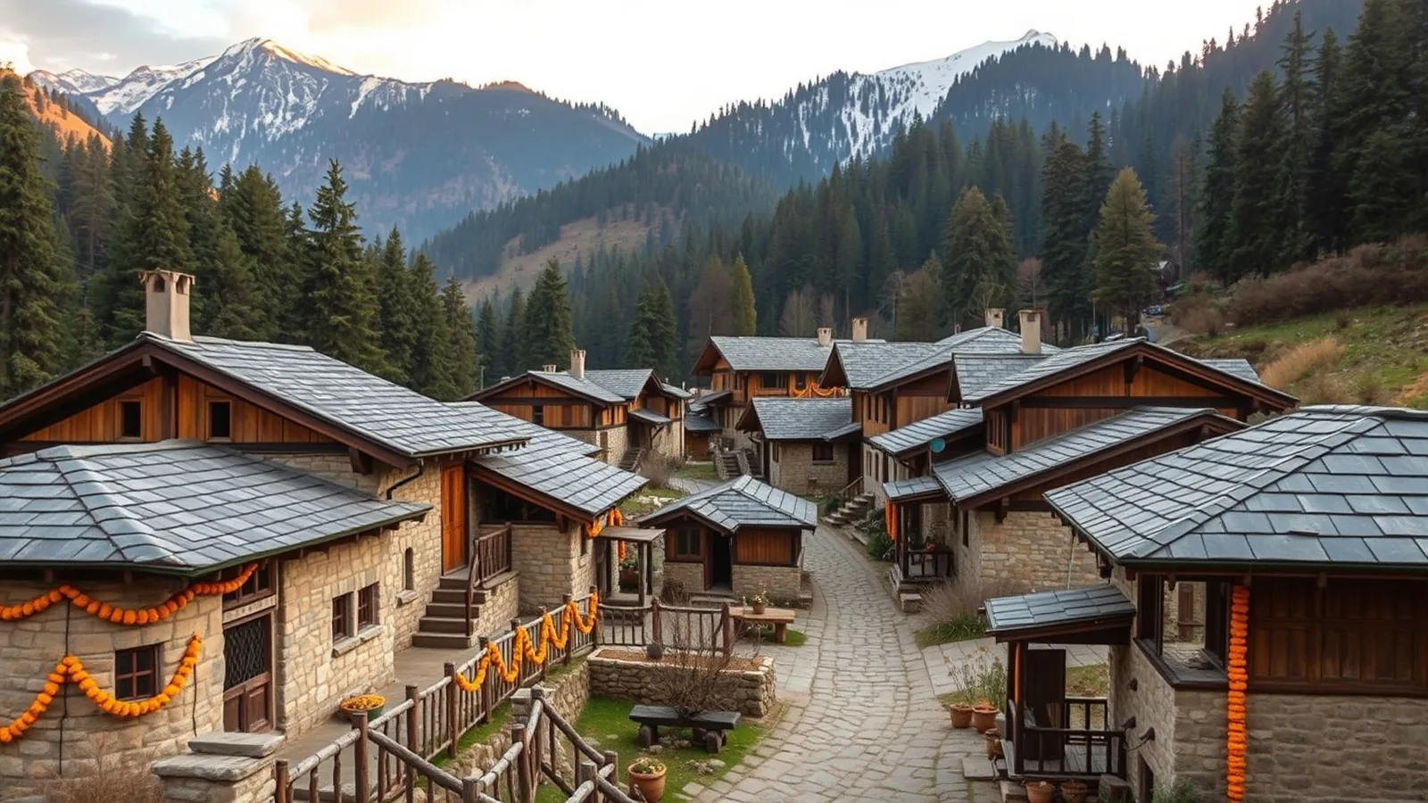 A Himachali mountain village of stone and wood houses decorated with marigolds for a wedding