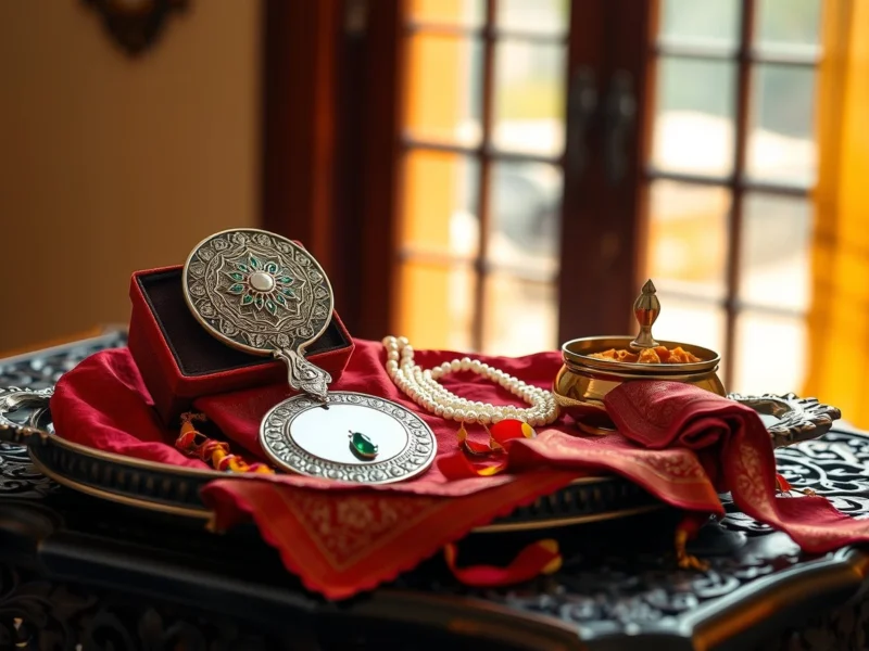 A silver tray with a hand mirror, a red zari dupatta and a pearl and emerald necklace for a Hyderabadi wedding