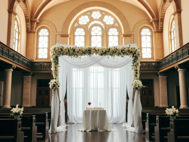 A white flowered chuppah set up in an old Indian synagogue for a Jewish wedding