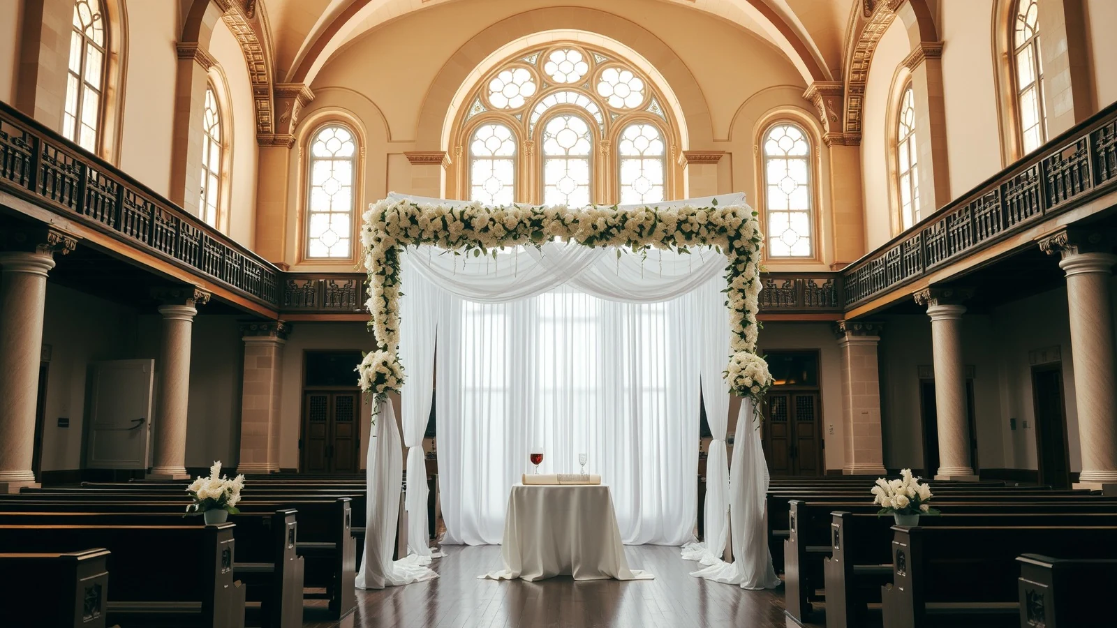 A white flowered chuppah set up in an old Indian synagogue for a Jewish wedding
