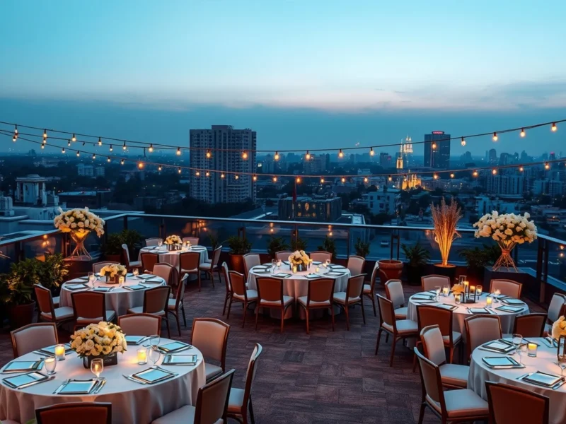 A hotel terrace garden set for a wedding reception at dusk above the Mumbai skyline