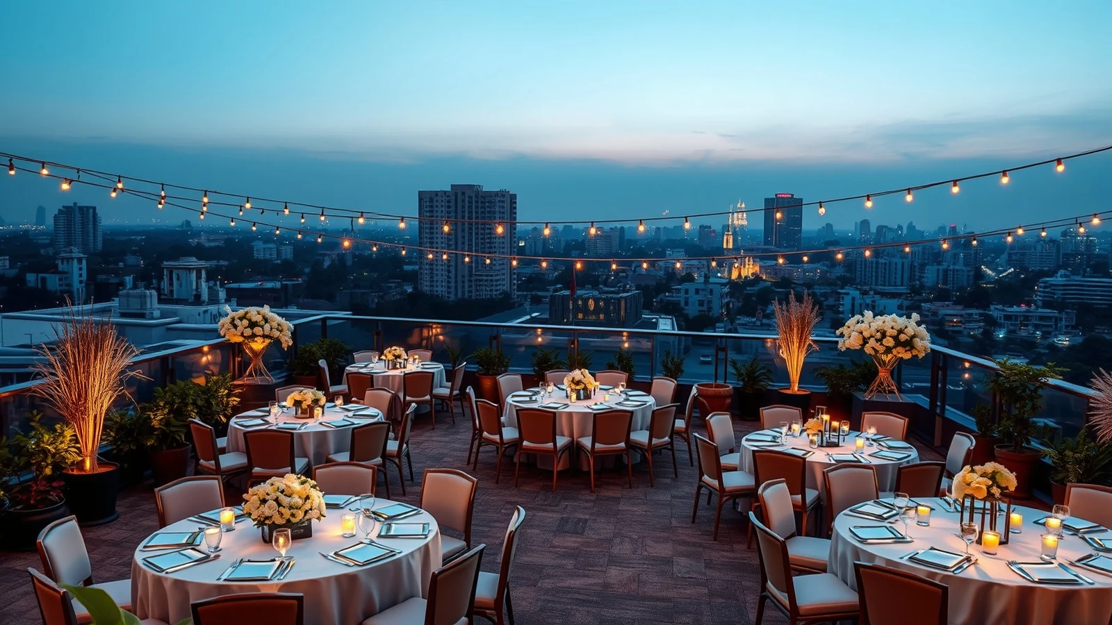 A hotel terrace garden set for a wedding reception at dusk above the Mumbai skyline