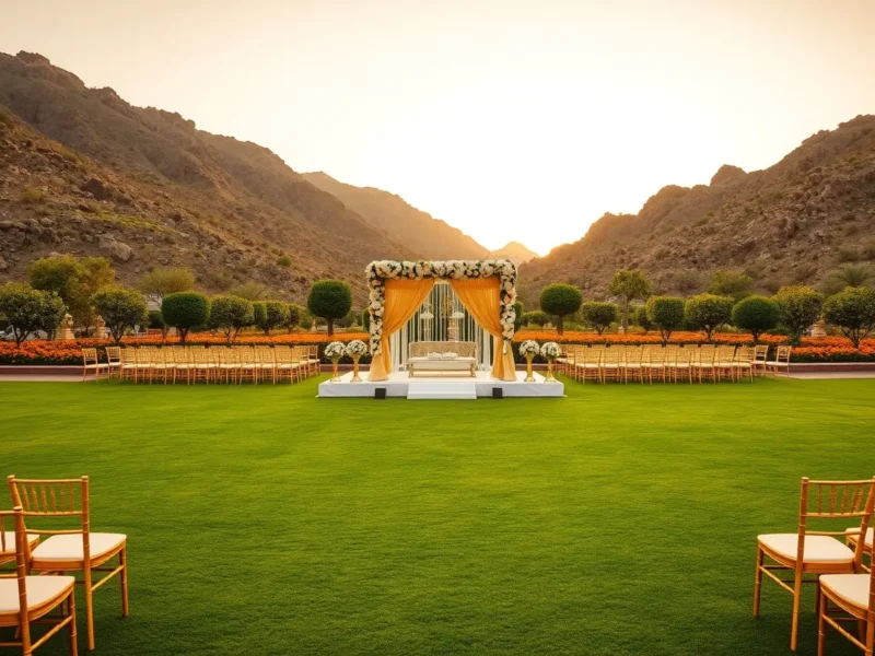 A resort lawn in the Aravalli hills near Udaipur set for a wedding with a floral mandap